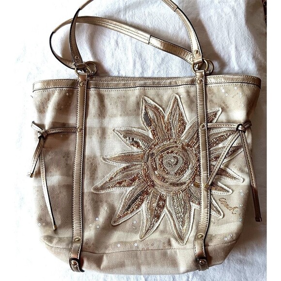 Coach Handbags - Coach Tote Audrey Sun Starfish Gold Tan Sequin Cinched Shoulder Canvas Bag Beach